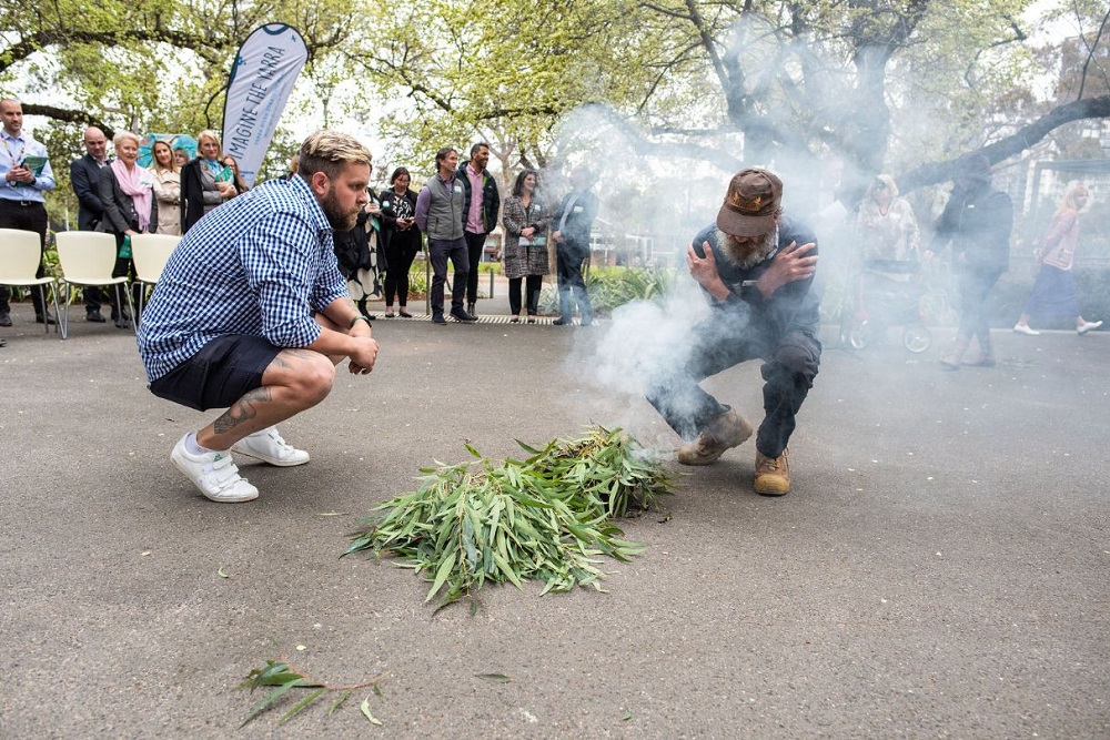 Uncle Dave with the smoking ceremony at the launch of the Yarra Strategic Plan  
